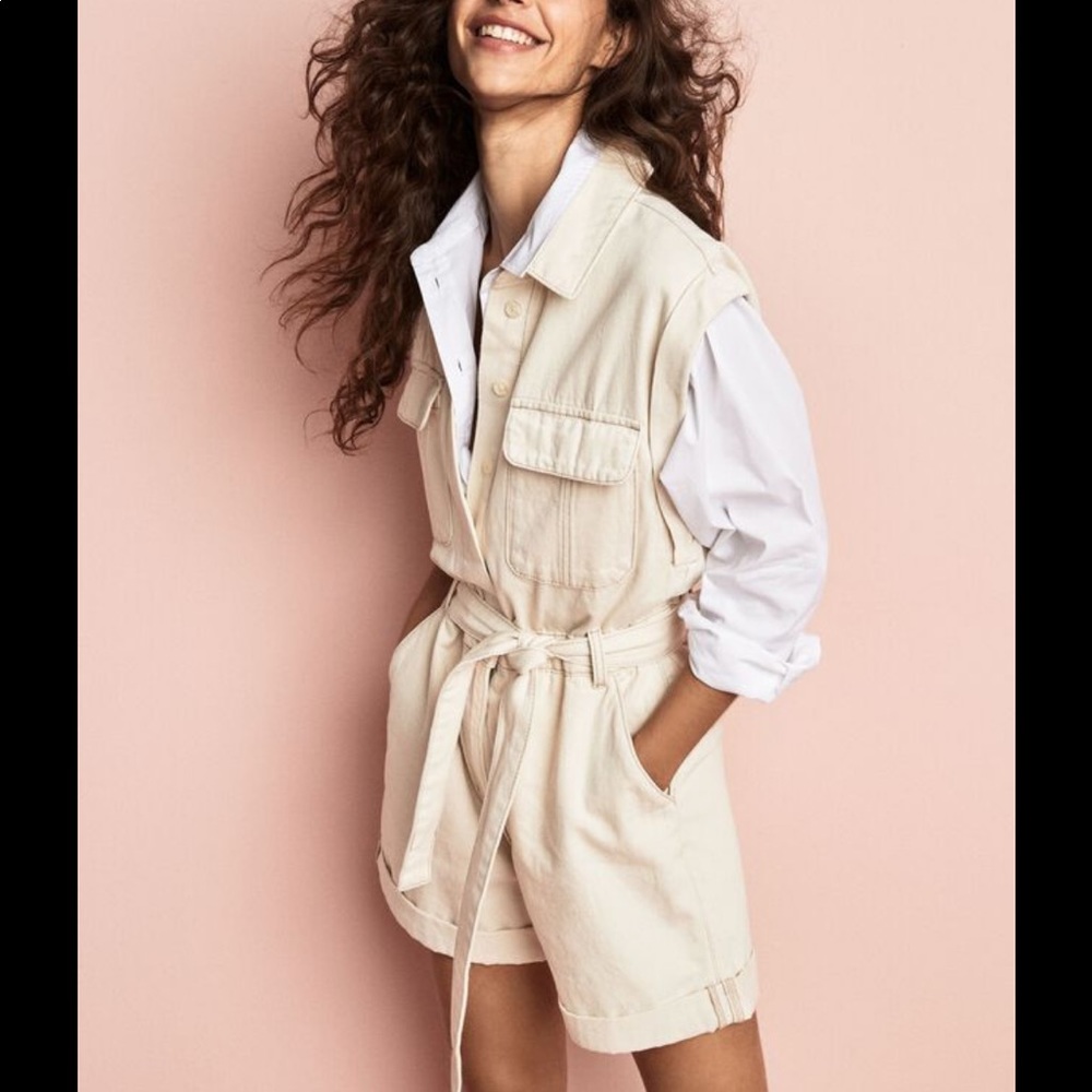 Dynamite Beige 100% Cotton Denim Cargo Utility Romper Jumpsuit with Belt NWT